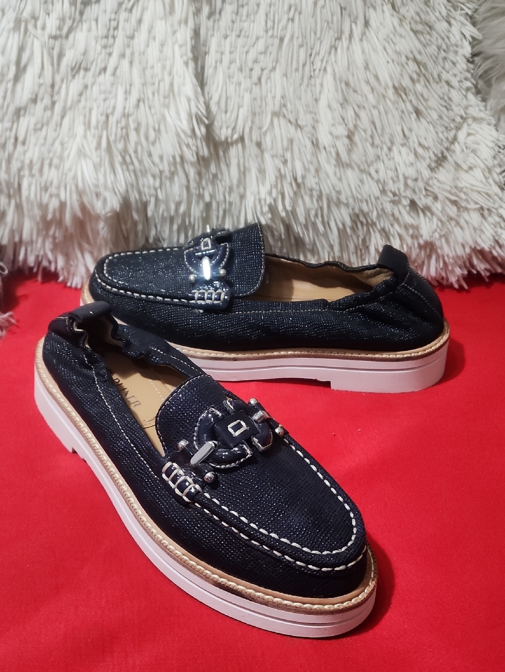 Donald J. Pliner Loma Navy Textured Loafers with Silver Chain Accent